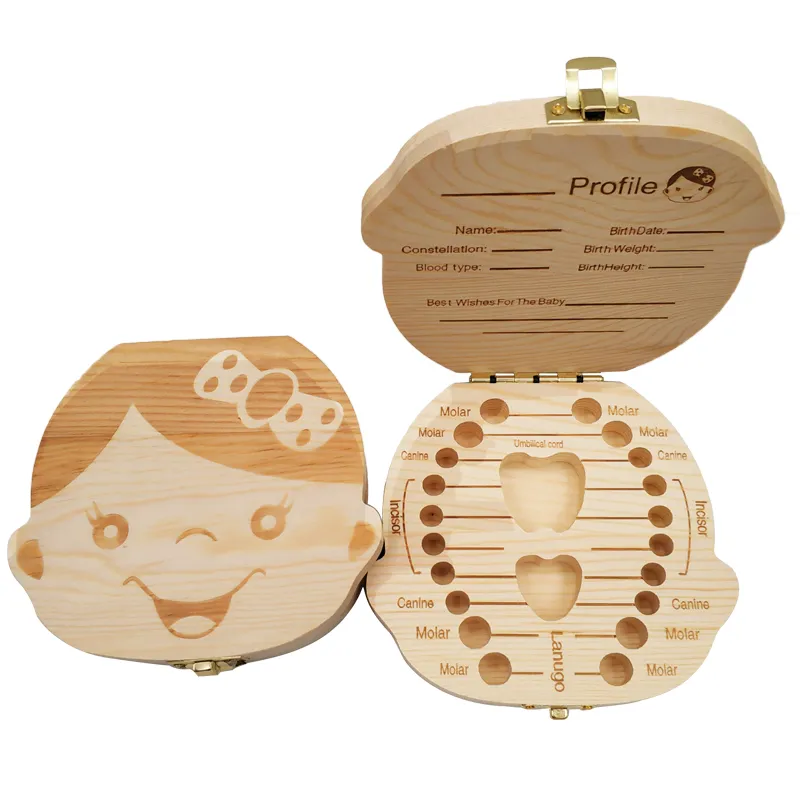 Baby Keepsake Box - 子供のための木製の牛乳歯オーガナイザー、赤ちゃんの歯の箱、スペイン、オランダ、フランス、ドイツ、保管、男の子、女の子、お土産ギフト、記念品