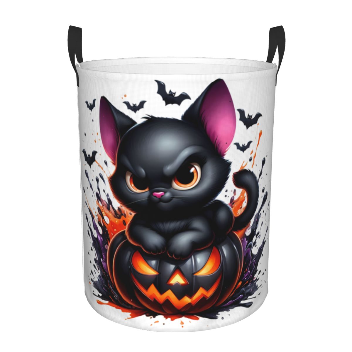 Baby Nursery Laundry Hamper - ハロウィン黒猫とカボチャ柄ランドリーバスケット、折りたたみ式ベビーハンパー、保育園のおもちゃ収納ボックス