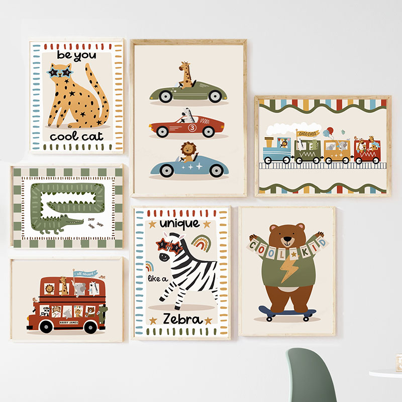 Baby Nursery Paintings - 面白い漫画の動物、車、バス、保育園の壁飾り、キャンバス絵画、ヒョウ、クマ、シマウマのポスター＆プリント、赤ちゃん子供部屋の装飾