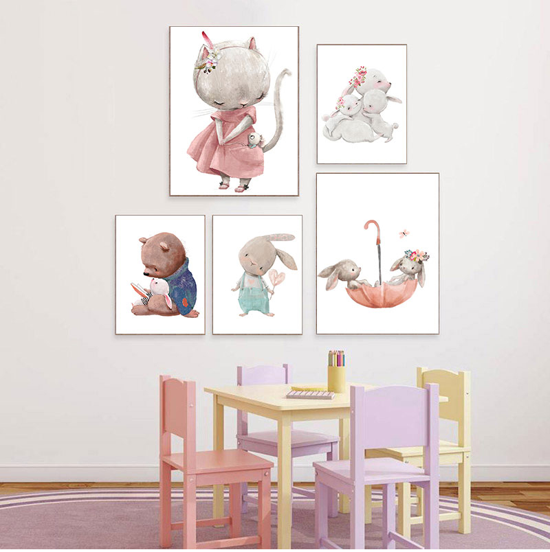 Baby Nursery Paintings - 1PC フレームレス装飾アートプリント、クマウサギアートキャンバスプリントベビーバニーポスター保育園絵画花動物ウォールアートノルディ