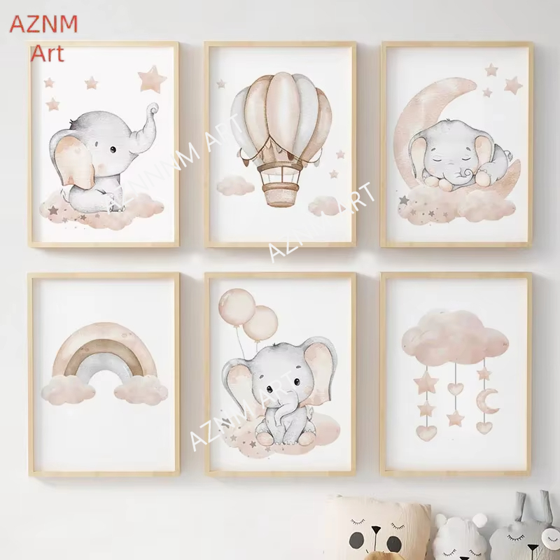 Baby Nursery Elephant - 象バルーン虹月星雲スイングベビーキッズポスター壁アート保育園キャンバスプリントホームルーム装飾写真