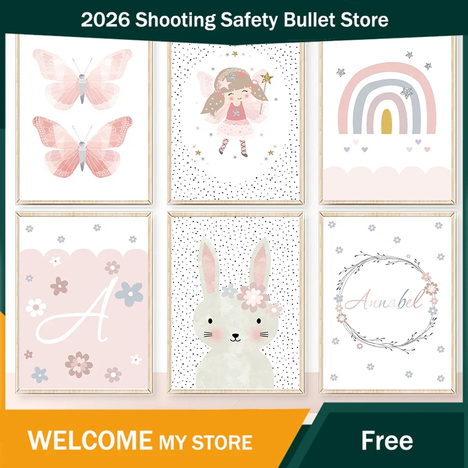 Baby Nursery Paintings - かわいい女の子ウサギ花蝶虹壁アートキャンバス絵画保育園ポスターとプリント壁の絵ベビーキッズルームデコレーション