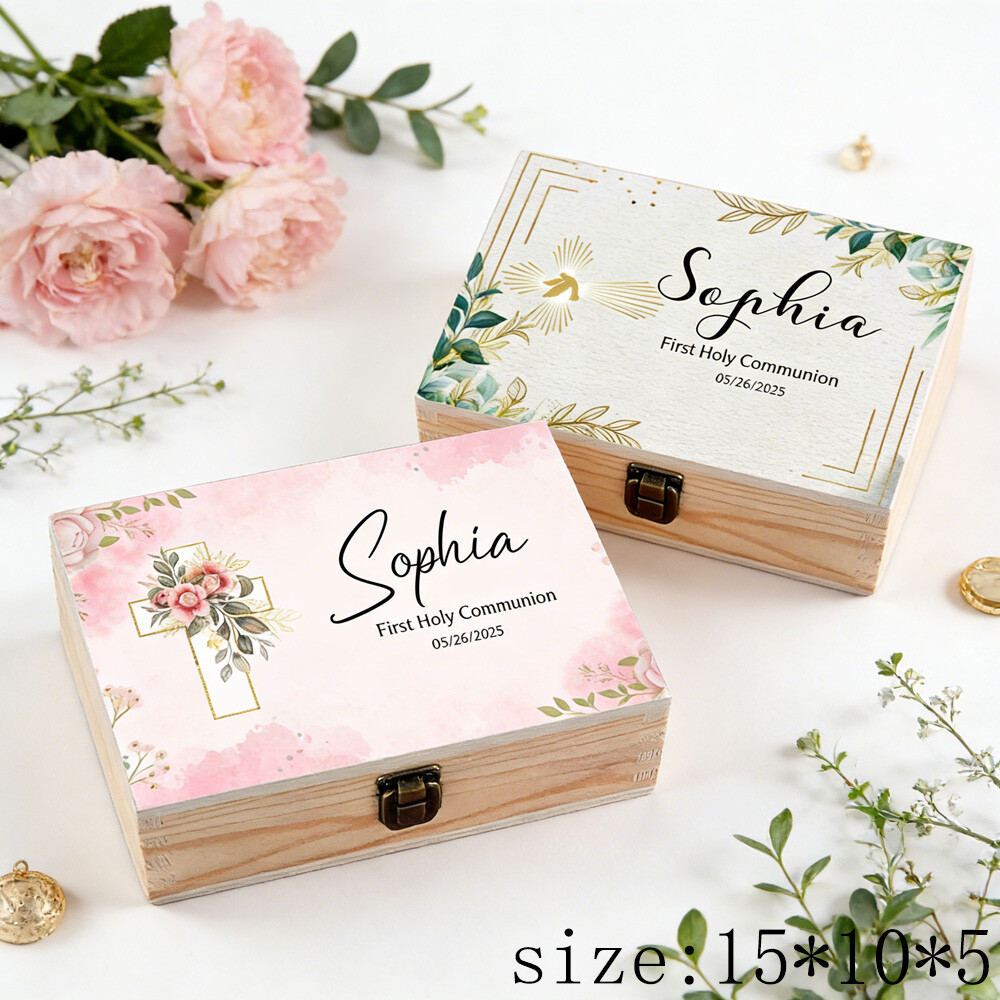 Baby Keepsake Box - パーソナライズされたベビーの初めての聖体拝領記念ボックス、男の子と女の子のためのカスタム記念品ギフト、初聖体拝領のためのギフトアイデア
