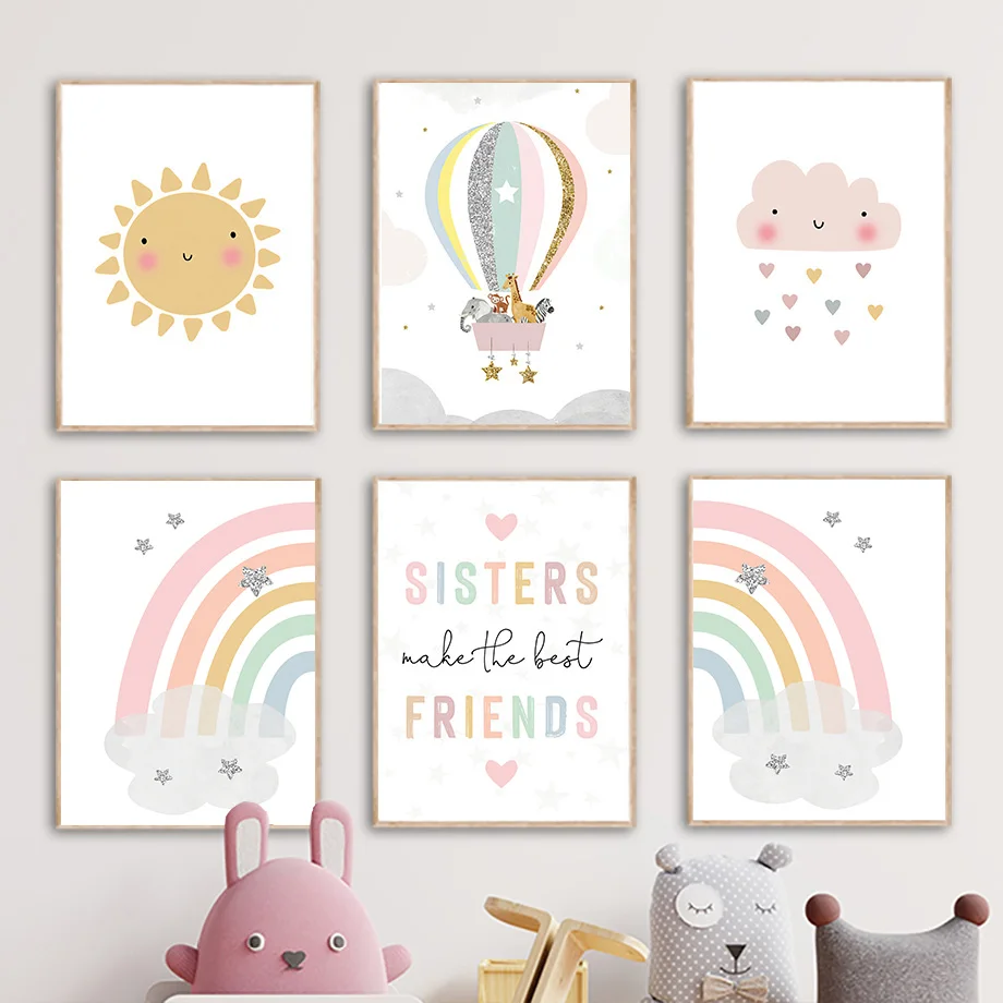 Baby Nursery Elephant - キリン象熱気球太陽虹保育園北欧ポスターやプリント壁アートキャンバス絵画画像ベビーキッズルーム装飾