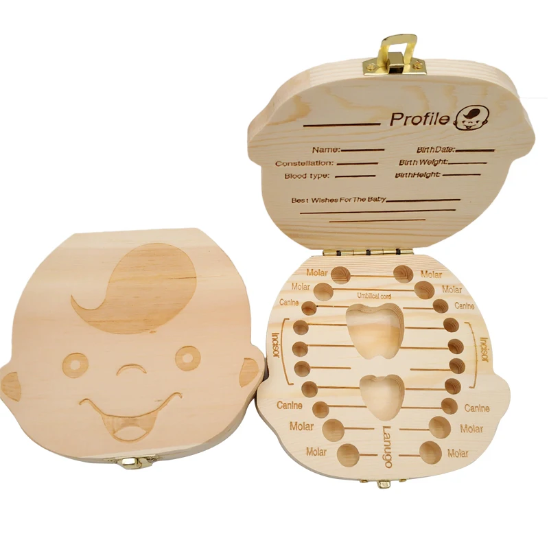 Baby Keepsake Box - 子供のための木製の赤ちゃんの歯の箱、牛乳歯のオーガナイザー、男の子と女の子のための保管、スペイン、オランダ、フランス、ドイツ、記念日、お土産ギフト
