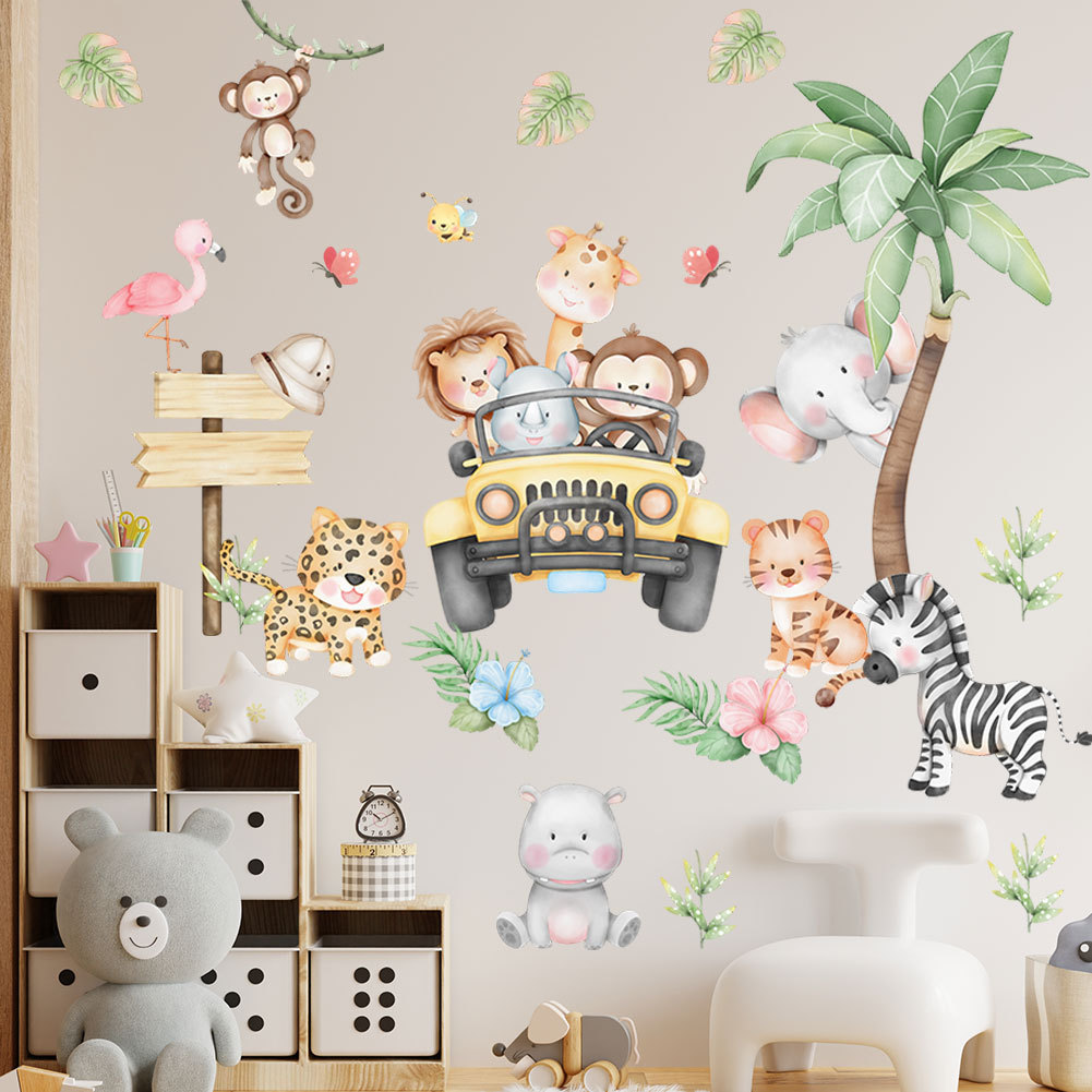 Baby Zoo Nursery - 子供部屋用漫画風ゾウ、キリン、木のウォールステッカー、粘着式、ベビー保育園、ジャングル、動物園、ウォールデカール、壁画