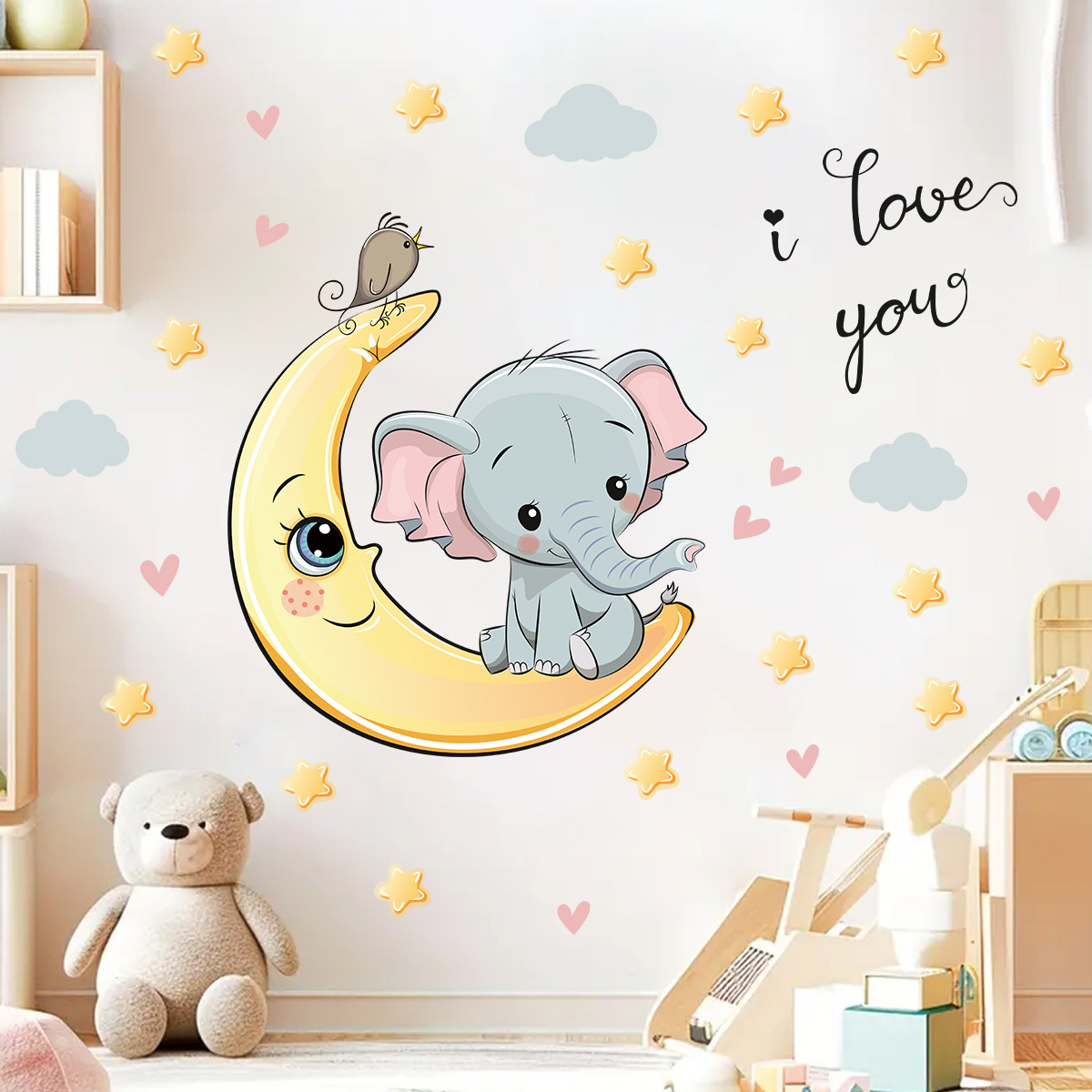 Baby Nursery Elephant - 漫画の月と夜象のウォールステッカー,子供部屋,赤ちゃんの寝室,保育園の壁の装飾ステッカー