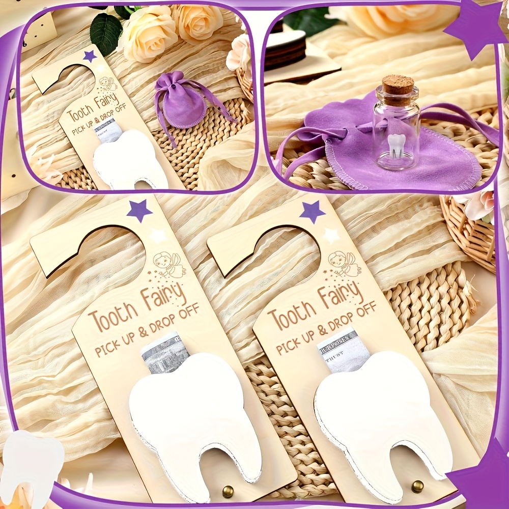 Baby Keepsake Box - 歯の妖精のドアサイン装飾、乳歯の記念品ボックスセット（木製歯のペンダント、ガラス瓶、収納袋が含まれています）、歯の交換時期や誕生日パーティーへのギフトに最適です。