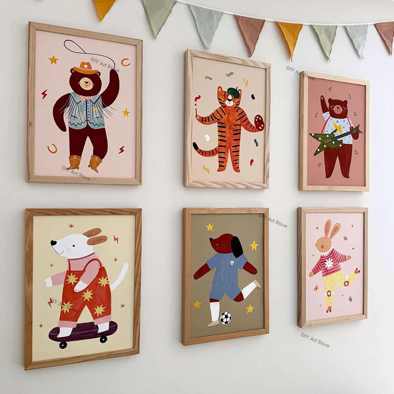Baby Nursery Paintings - 面白い漫画の動物の保育園用ウォールアートキャンバス絵画、クマ、トラ、ウサギ、ネズミ、犬のポスター＆プリント、赤ちゃん子供部屋の装飾