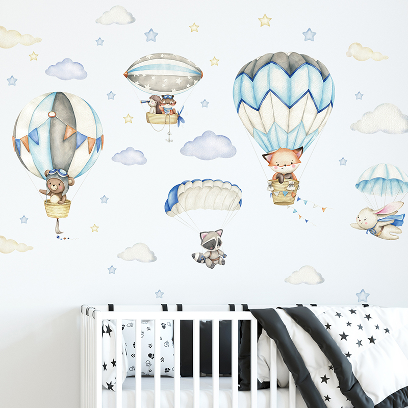Baby Nursery Things - 漫画かわいい動物熱気球ウォールステッカーキッズルームベビー保育園ルーム壁飾り寝室の装飾家の装飾 PVC