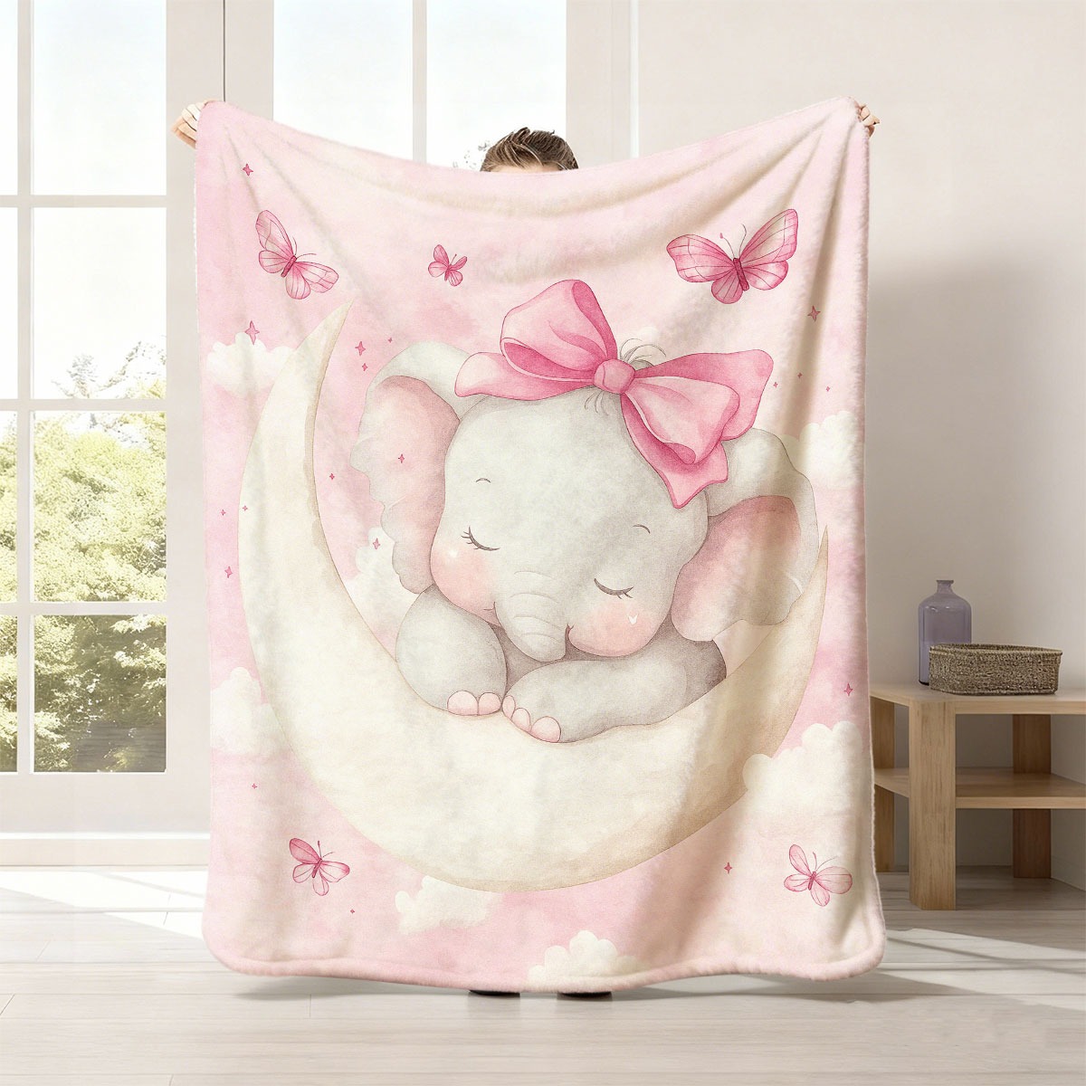 Baby Nursery In Hospital - ぬいぐるみの赤ちゃん象のムーンブランケット、ピンクの子供部屋装飾、キッズ記念品ギフト、女の子と男の子のためのフリース製の心地よい寝具