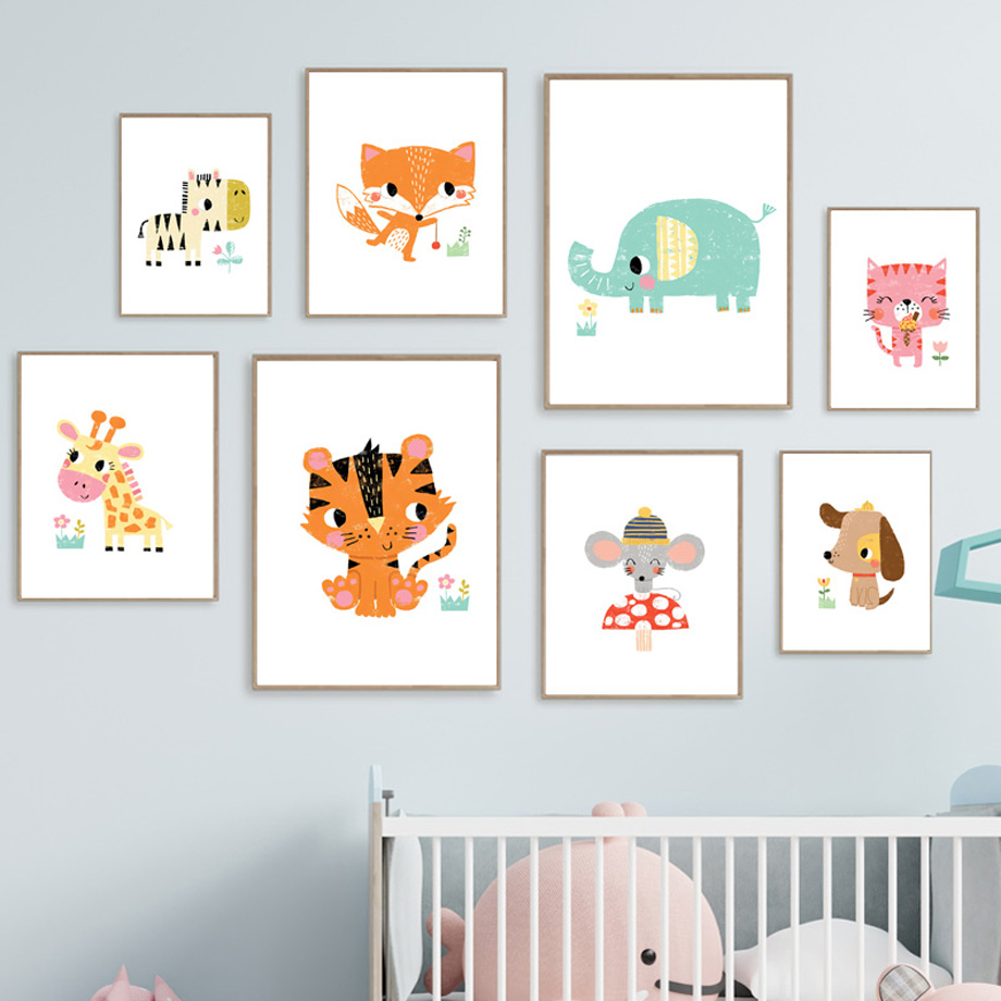 Baby Zoo Nursery - 漫画の赤ちゃん動物保育園の壁アートプリントかわいいカラフルなジャングル動物園の動物キャンバスポスター子供部屋の装飾寝室プレイルーム
