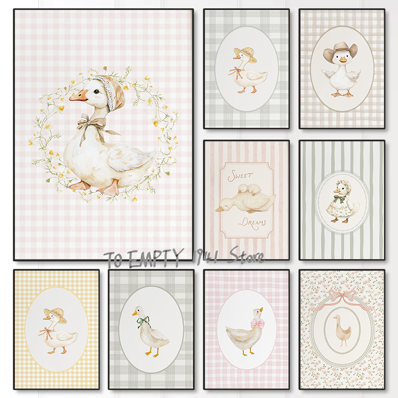 Baby Nursery Paintings - 愚かな小さなガチョウ保育園アヒルギンガムチェック柄農場動物ガチョウアヒル赤ちゃんポスターキャンバス絵画壁の写真ホーム保育園ルームデコレーション