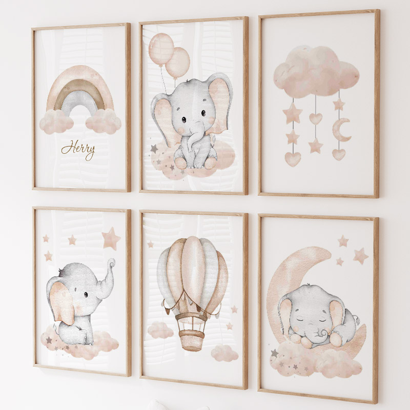 Baby Nursery Paintings - かわいい象熱気球ムーン虹雲保育園壁アートキャンバス絵画ポスターやプリント写真ベビーキッズルームの装飾