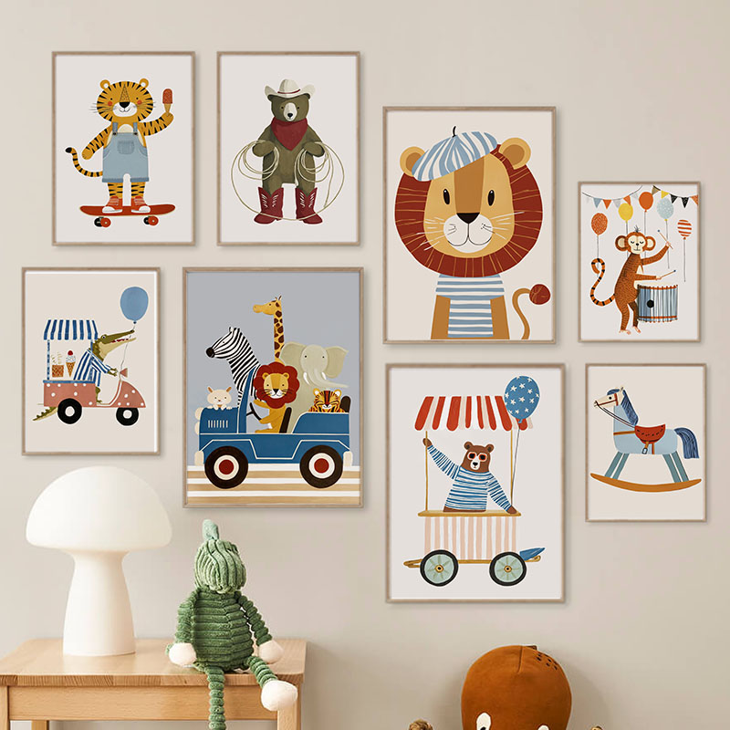 Baby Nursery Paintings - 面白い漫画の動物車風船保育園ウォールアートキャンバス絵画ライオンベアタイガーポスター＆プリント写真ベビーキッズルームデコレーション