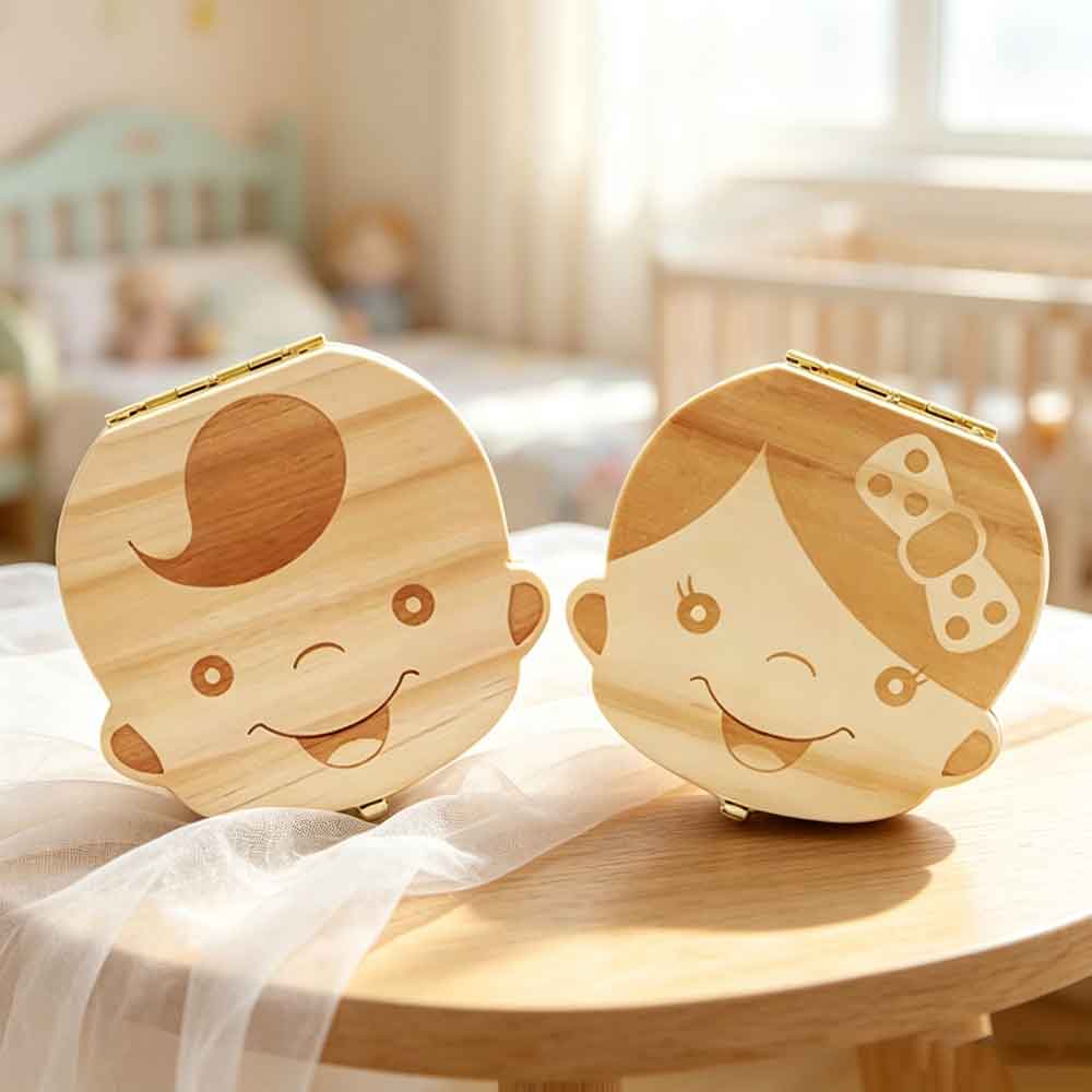 Baby Keepsake Box - vvocci 収納乳歯ボックス スペイン語/オランダ語/フランス語/ドイツ語 木製子供用乳歯オーガナイザー 赤ちゃんのお土産ギフト 記念品