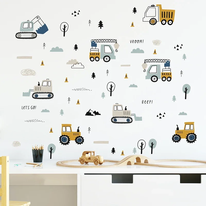 Baby Nursery Things - 手描きのかわいい車貨物トラックの壁のステッカーキッズルーム車要素ベビーティーンルーム壁デカールプレイルーム幼稚園保育園