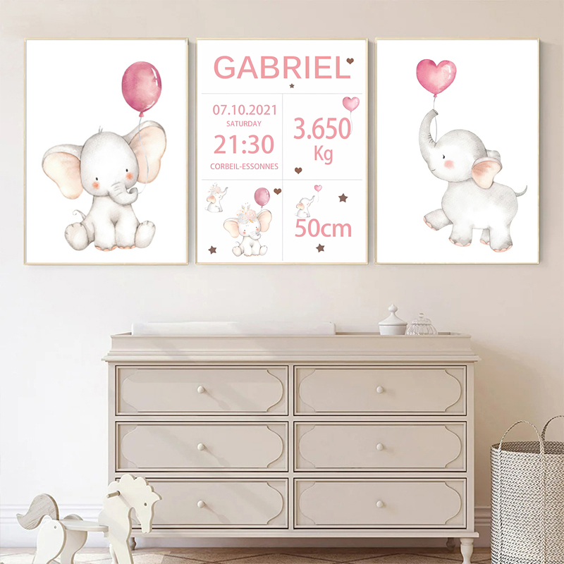 Baby Nursery Elephant - 赤ちゃんの名前とキャンバスの絵,風船,象,花,アートポスター,子供部屋,保育園の装飾,写真,誕生日