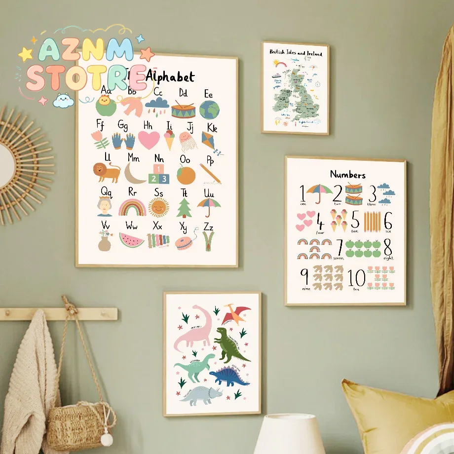 Baby Nursery Paintings - 動物世界地図 恐竜 アルファベット 数字 キャンバス ウォールアート