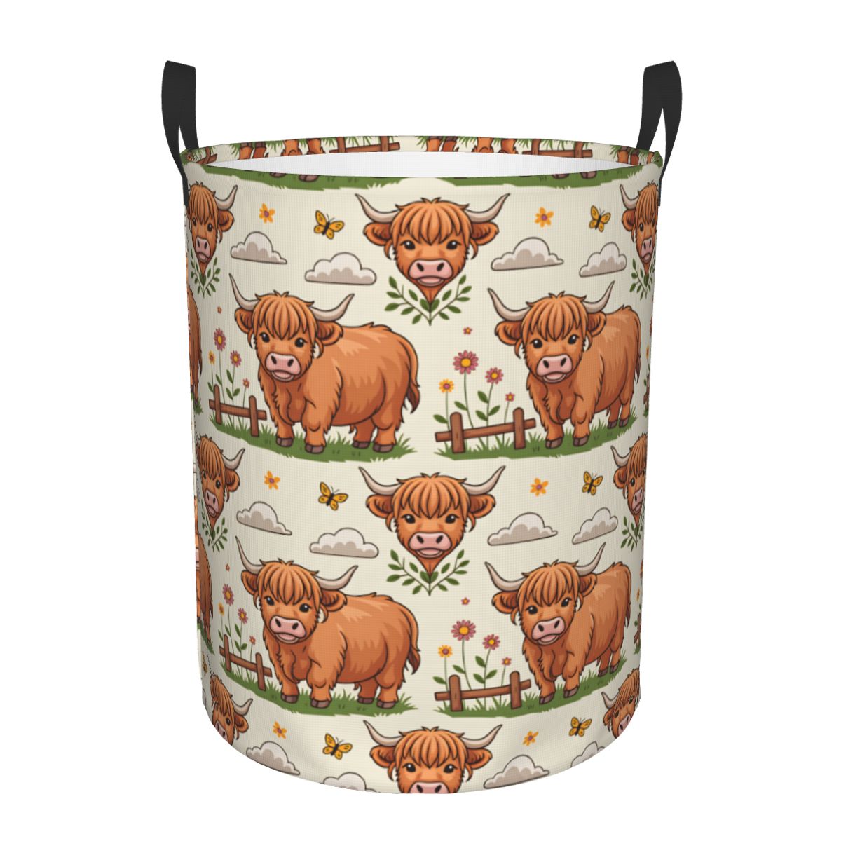 Baby Nursery Laundry Hamper - 漫画のハイランドカウズ柄ランドリーバスケット、折りたたみ式ベビーハンパー、保育園用おもちゃオーガナイザー収納ボックス