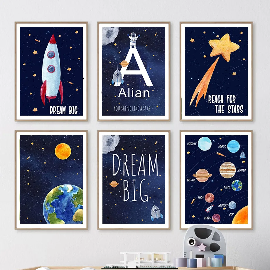 Baby Nursery Paintings - 1pc キャンバス絵画カスタム名キッズルーム装飾壁アートプリント宇宙宇宙飛行士インテリアポスターベビーキャンバス装飾