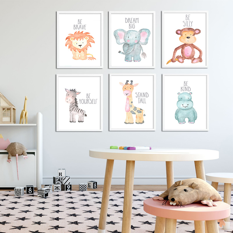Baby Nursery Elephant - 子供部屋の装飾用のキャンバスに北欧の絵画、動物のデザインの壁のポスター、ライオン、象、キリン、保育園用