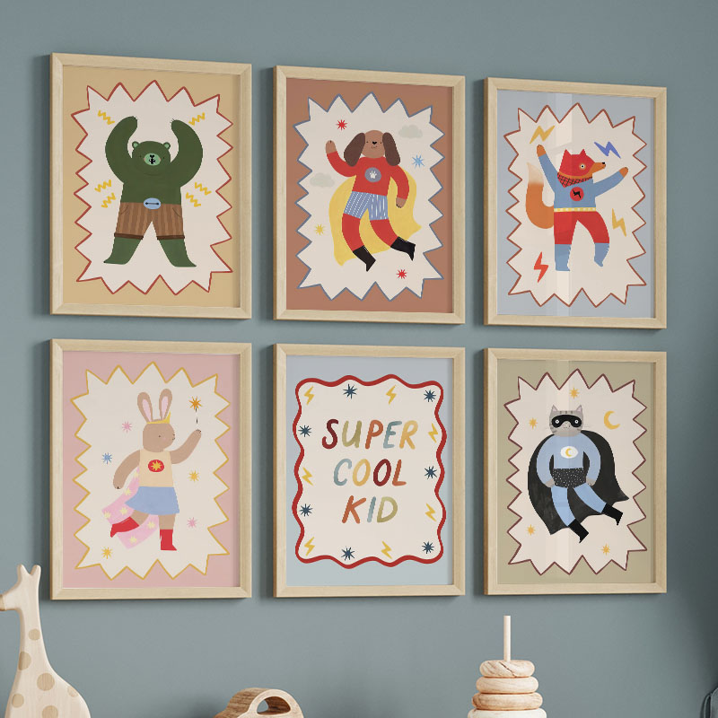 Baby Nursery Paintings - 面白い漫画の超クールな子供部屋の壁飾りキャンバス絵画、クマ、ウサギ、キツネのポスター＆プリント、赤ちゃん子供部屋の装飾用絵画