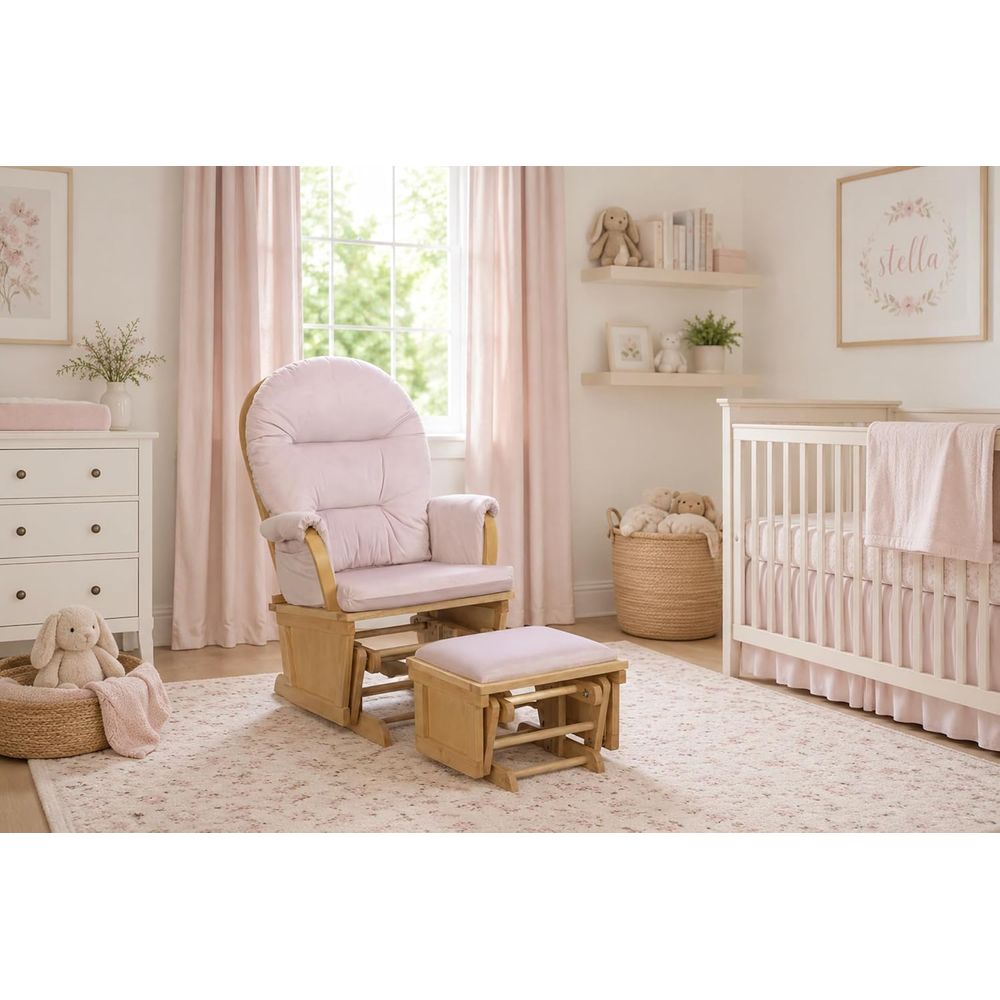Baby Nursery Glider - マディソンナーサリーロッキングチェア、オットマン付き、木製グライダーまたは授乳用、スムーズな滑り出しロッカー、天然木とピンクの生地
