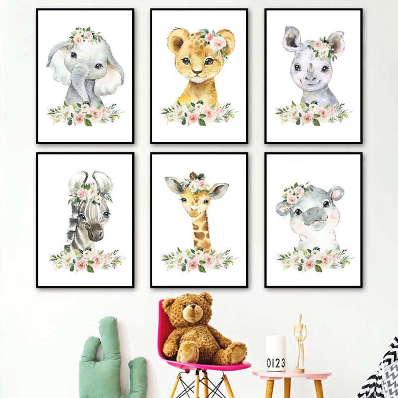 花柄ジャングル動物キャンバスプリント保育園装飾象キリン絵画壁 - Baby Nursery Elephant のレビューと価格