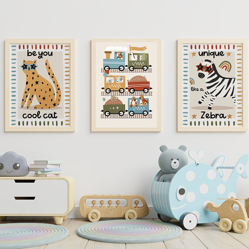 面白い漫画の動物、車、バス、保育園の壁飾り、キャンバス絵画、 - Baby Nursery Paintings のレビューと価格