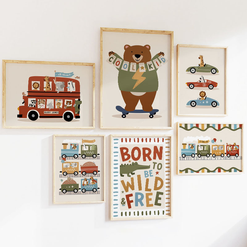 面白い漫画の動物、車、バス、保育園の壁飾り、キャンバス絵画、 - Baby Nursery Paintings のレビューと価格