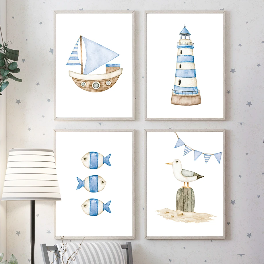 帆船灯台魚航海保育園ポスターとプリントキャンバス絵画北欧壁ア - Baby Nursery Paintings のレビューと価格