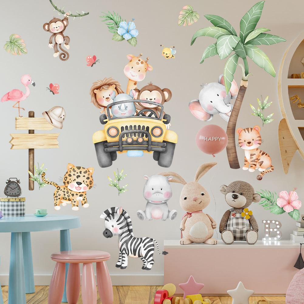 子供部屋用漫画風ゾウ、キリン、木のウォールステッカー、粘着式 - Baby Zoo Nursery のレビューと価格