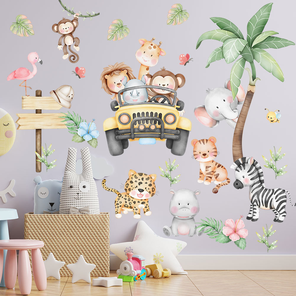 子供部屋用漫画風ゾウ、キリン、木のウォールステッカー、粘着式 - Baby Zoo Nursery のレビューと価格