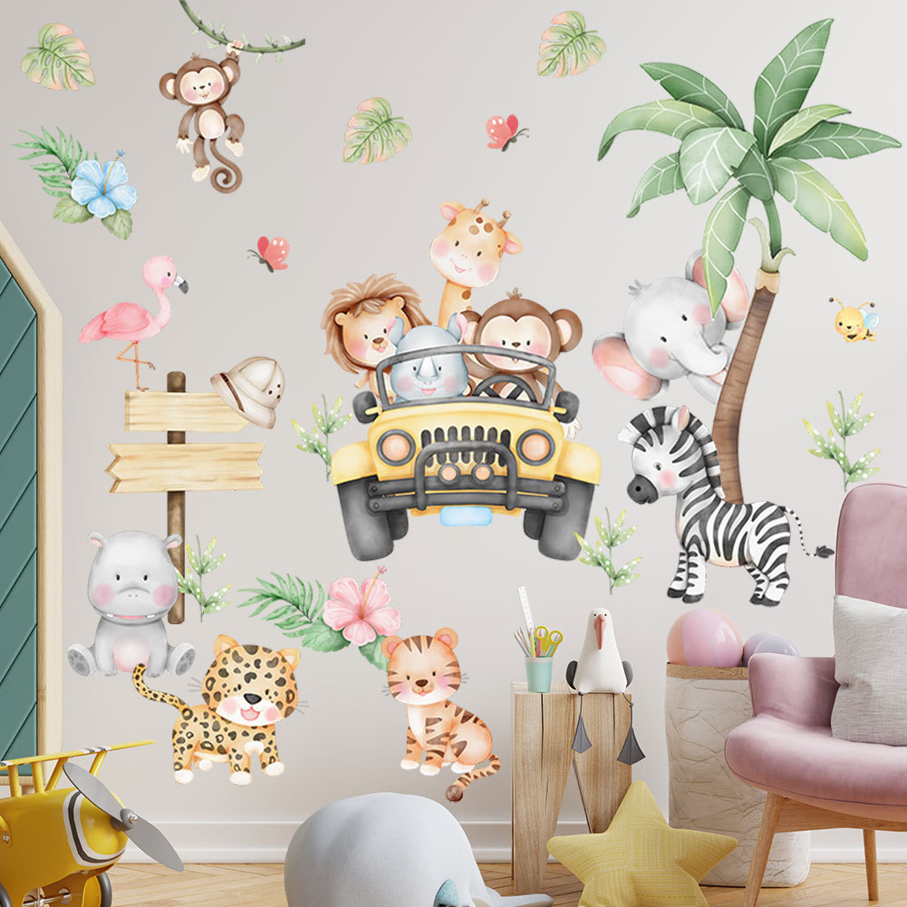 子供部屋用漫画風ゾウ、キリン、木のウォールステッカー、粘着式 - Baby Zoo Nursery のレビューと価格