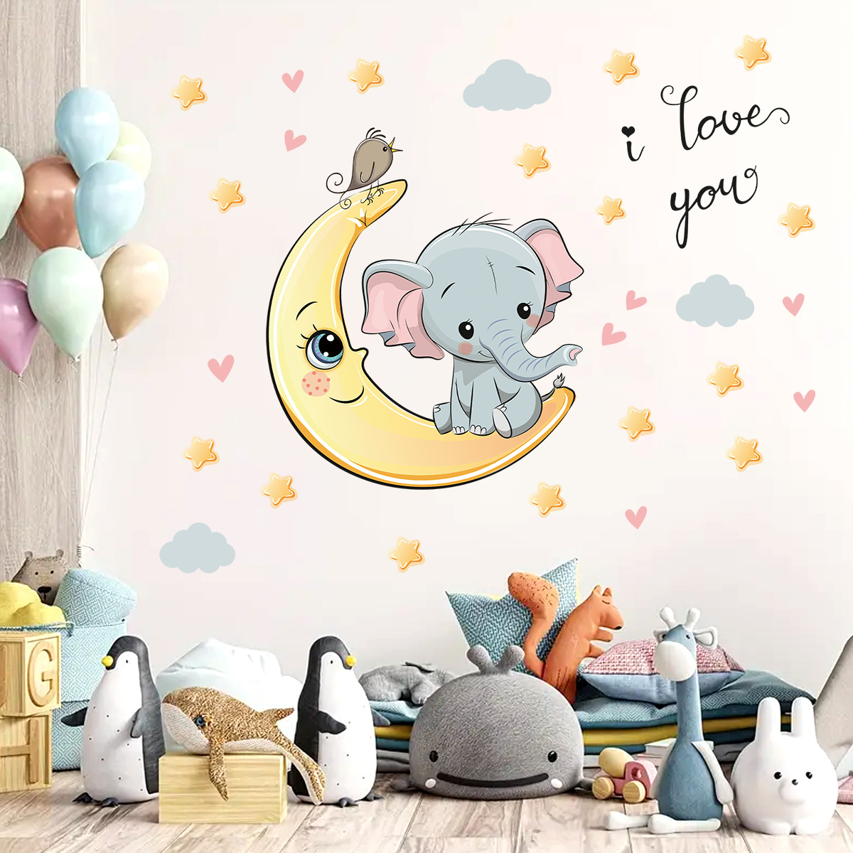 漫画の月と夜象のウォールステッカー,子供部屋,赤ちゃんの寝室 - Baby Nursery Elephant のレビューと価格
