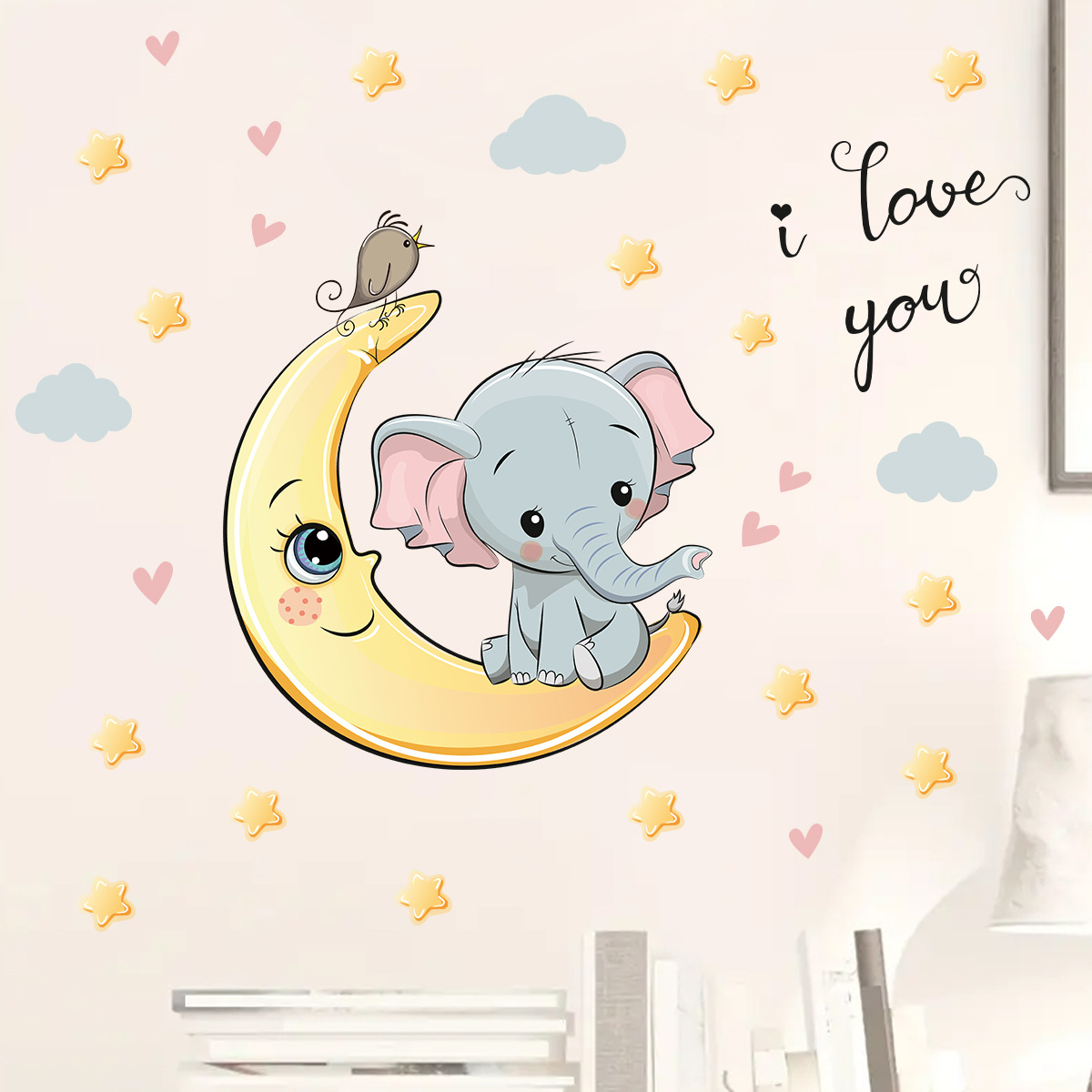 漫画の月と夜象のウォールステッカー,子供部屋,赤ちゃんの寝室 - Baby Nursery Elephant のレビューと価格