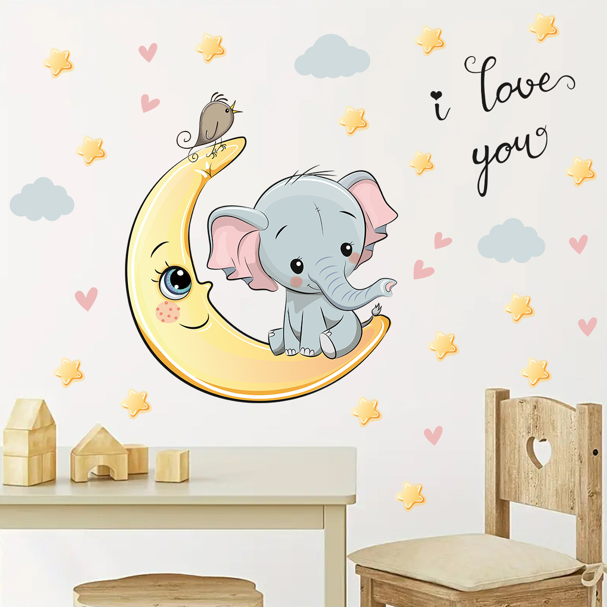 漫画の月と夜象のウォールステッカー,子供部屋,赤ちゃんの寝室 - Baby Nursery Elephant のレビューと価格