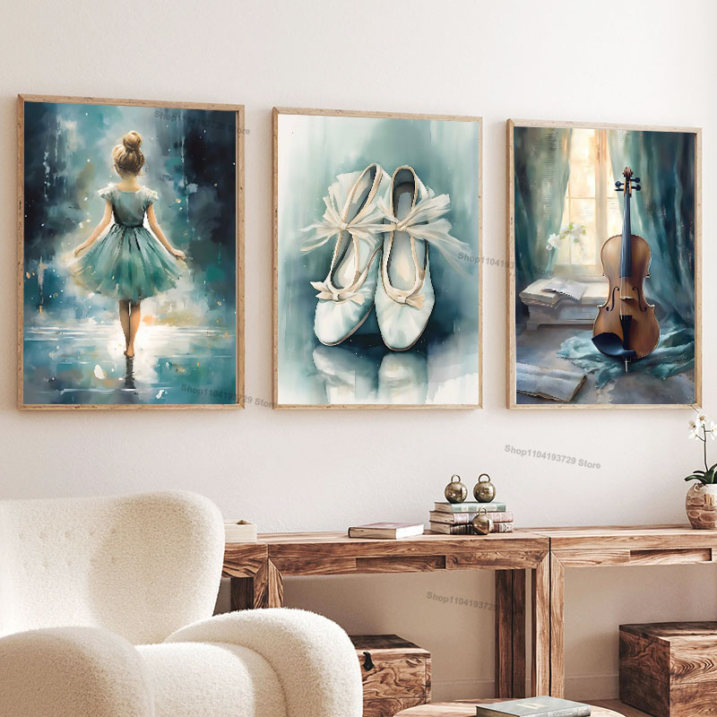 水彩バレエ少女靴チェロ保育園壁アートキャンバス絵画北欧ポスタ - Baby Nursery Paintings のレビューと価格