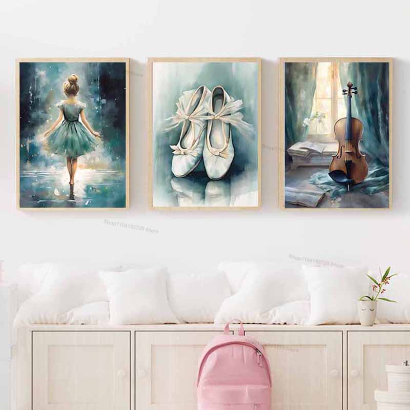 水彩バレエ少女靴チェロ保育園壁アートキャンバス絵画北欧ポスタ - Baby Nursery Paintings のレビューと価格