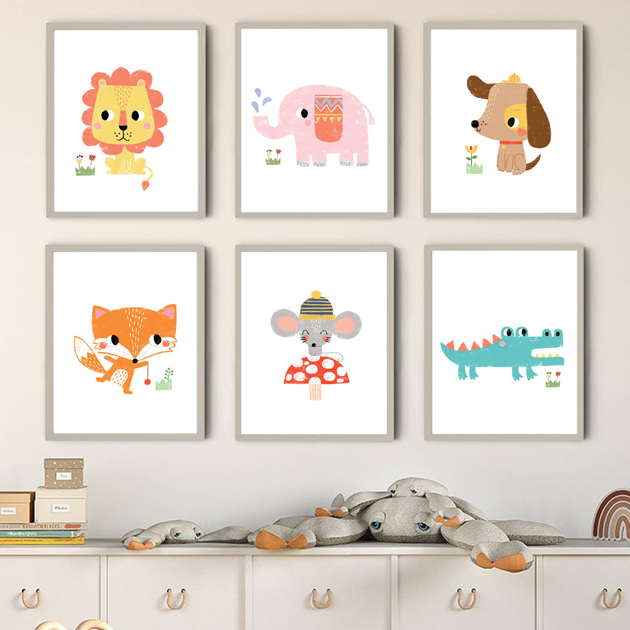 漫画の赤ちゃん動物保育園の壁アートプリントかわいいカラフルな - Baby Zoo Nursery のレビューと価格