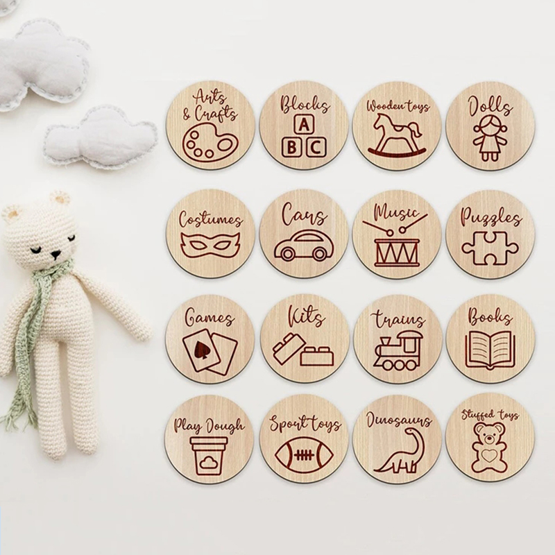 木製収納タグ 保育園装飾用収納ラベル イラスト付き プレイル - Baby Nursery Things のレビューと価格