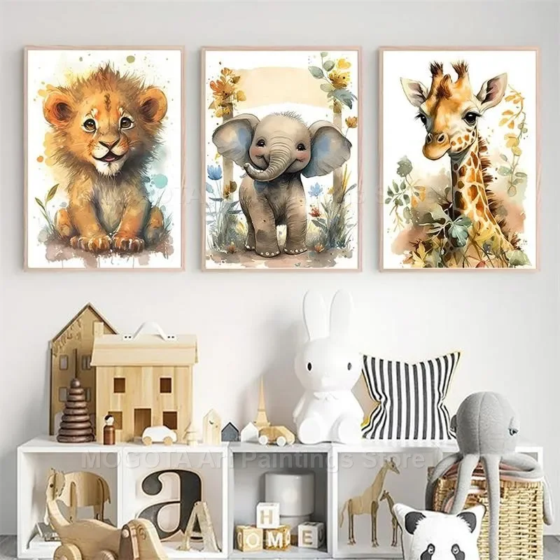 水彩ライオンキリン虎象シマウマ保育園壁アートキャンバス絵画動 - Baby Nursery Elephant のレビューと価格