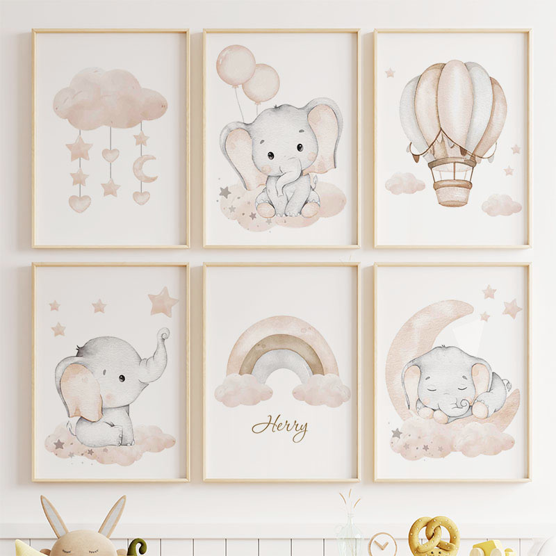 かわいい象熱気球ムーン虹雲保育園壁アートキャンバス絵画ポスタ - Baby Nursery Paintings のレビューと価格