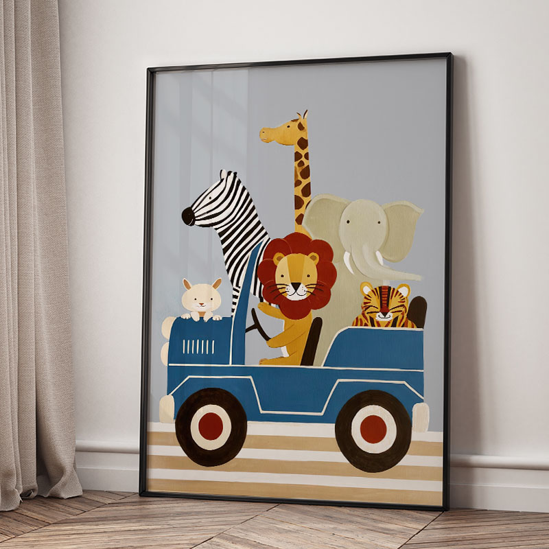 面白い漫画の動物車風船保育園ウォールアートキャンバス絵画ライ - Baby Nursery Paintings のレビューと価格
