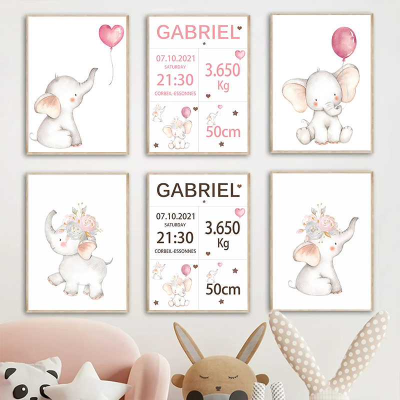 赤ちゃんの名前とキャンバスの絵,風船,象,花,アートポスター - Baby Nursery Elephant のレビューと価格