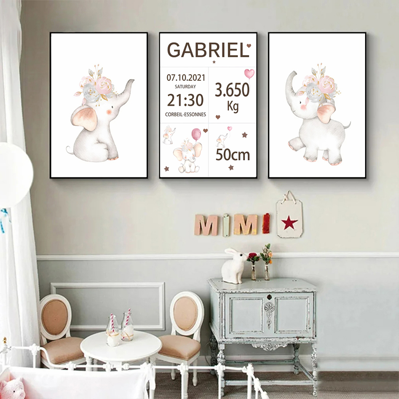 赤ちゃんの名前とキャンバスの絵,風船,象,花,アートポスター - Baby Nursery Elephant のレビューと価格