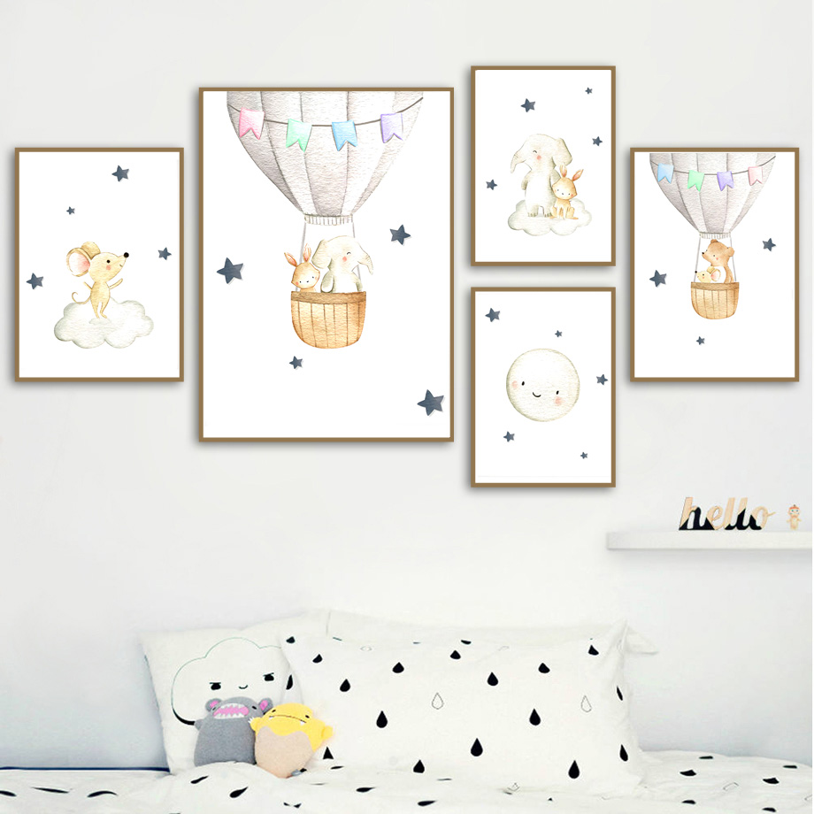 象ウサギクマバルーンムーン保育園壁アートキャンバス絵画北欧ポ - Baby Nursery Elephant のレビューと価格