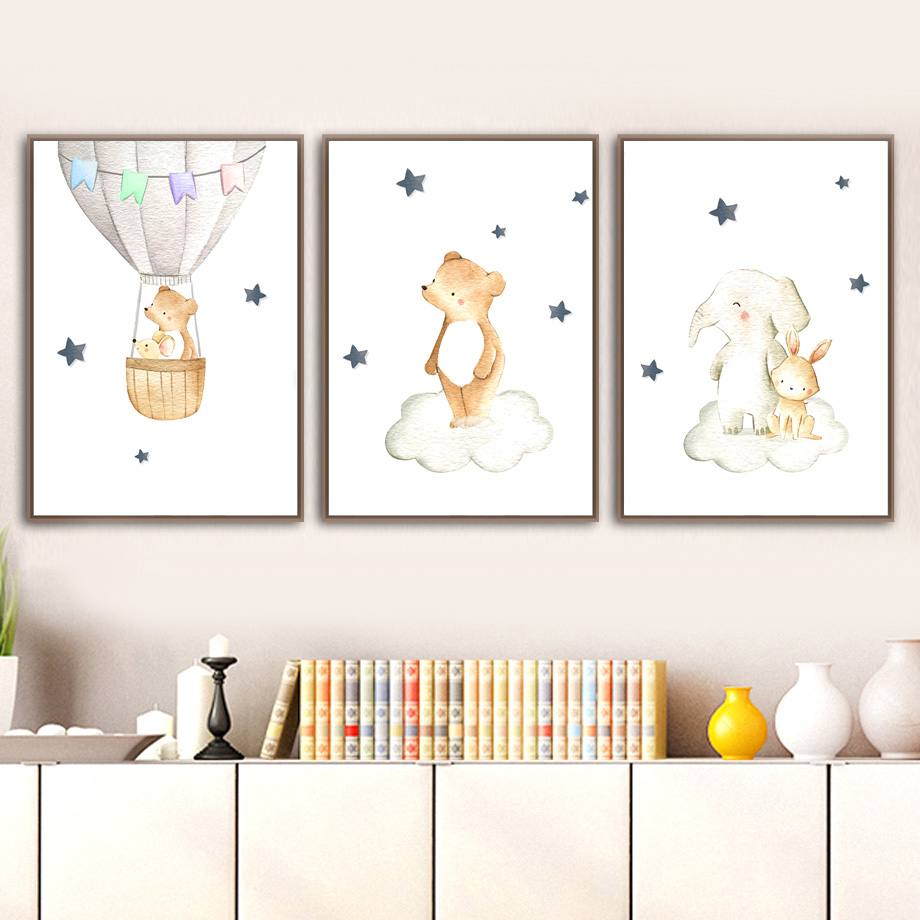 象ウサギクマバルーンムーン保育園壁アートキャンバス絵画北欧ポ - Baby Nursery Elephant のレビューと価格