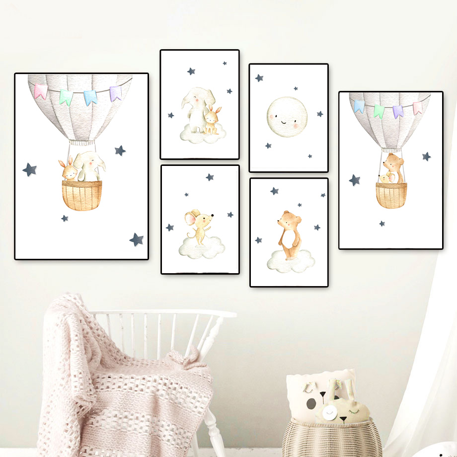 象ウサギクマバルーンムーン保育園壁アートキャンバス絵画北欧ポ - Baby Nursery Elephant のレビューと価格